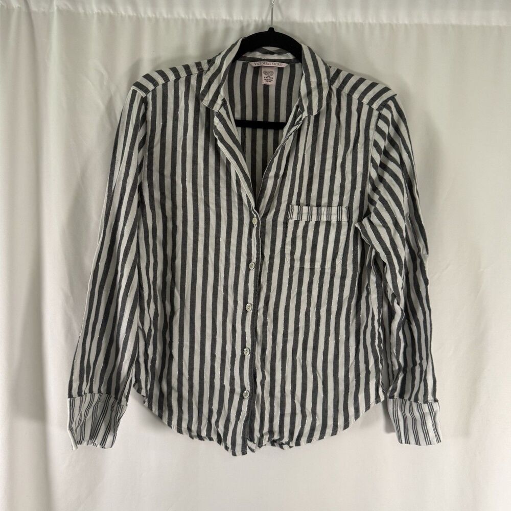 Victoria's Secret Pajama Top Women's XS White Grey Striped Button Up Long Sleeve